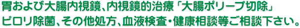 胃および大腸内視鏡、内視鏡的治療 「大腸ポリープ切除」ピロリ除菌、その他処方、血液検査・健康相談等ご相談下さい。